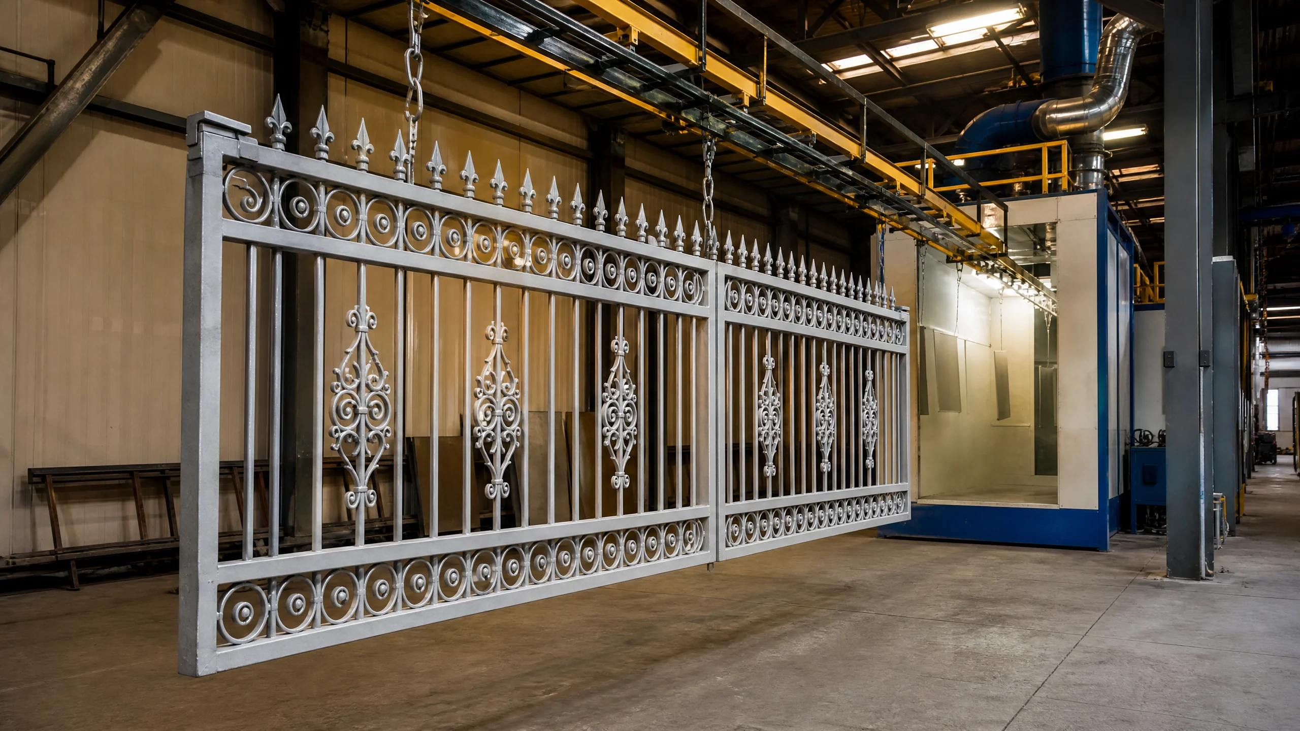 Atelier de thermolaquage industriel avec portail métallique en cours de traitement